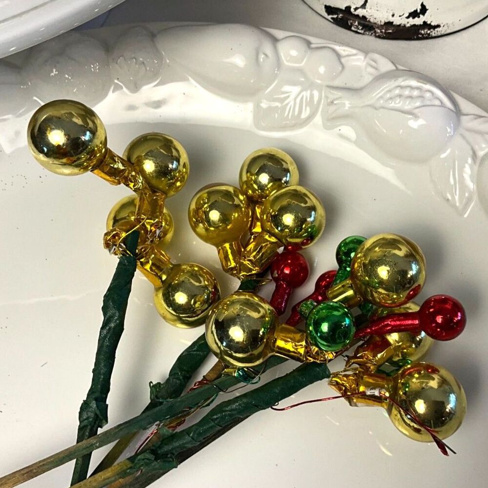 Vintage Mercury Glass Christmas Floral Picks Gold Red Green Ornament Sprays